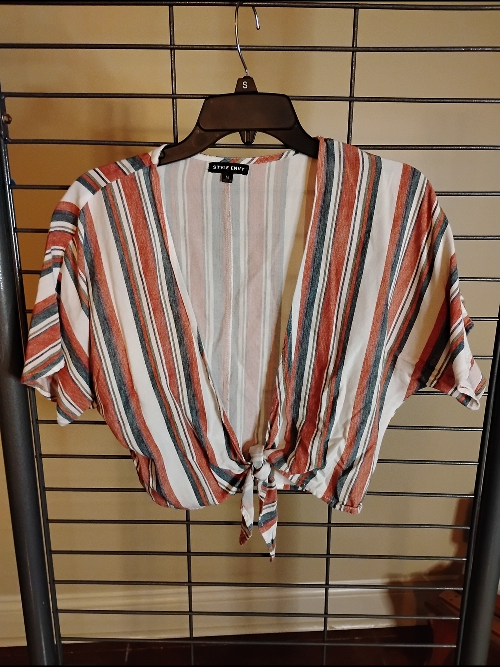 Style Envy Rust, White & Green‎ Striped Tie-Front Crop Top